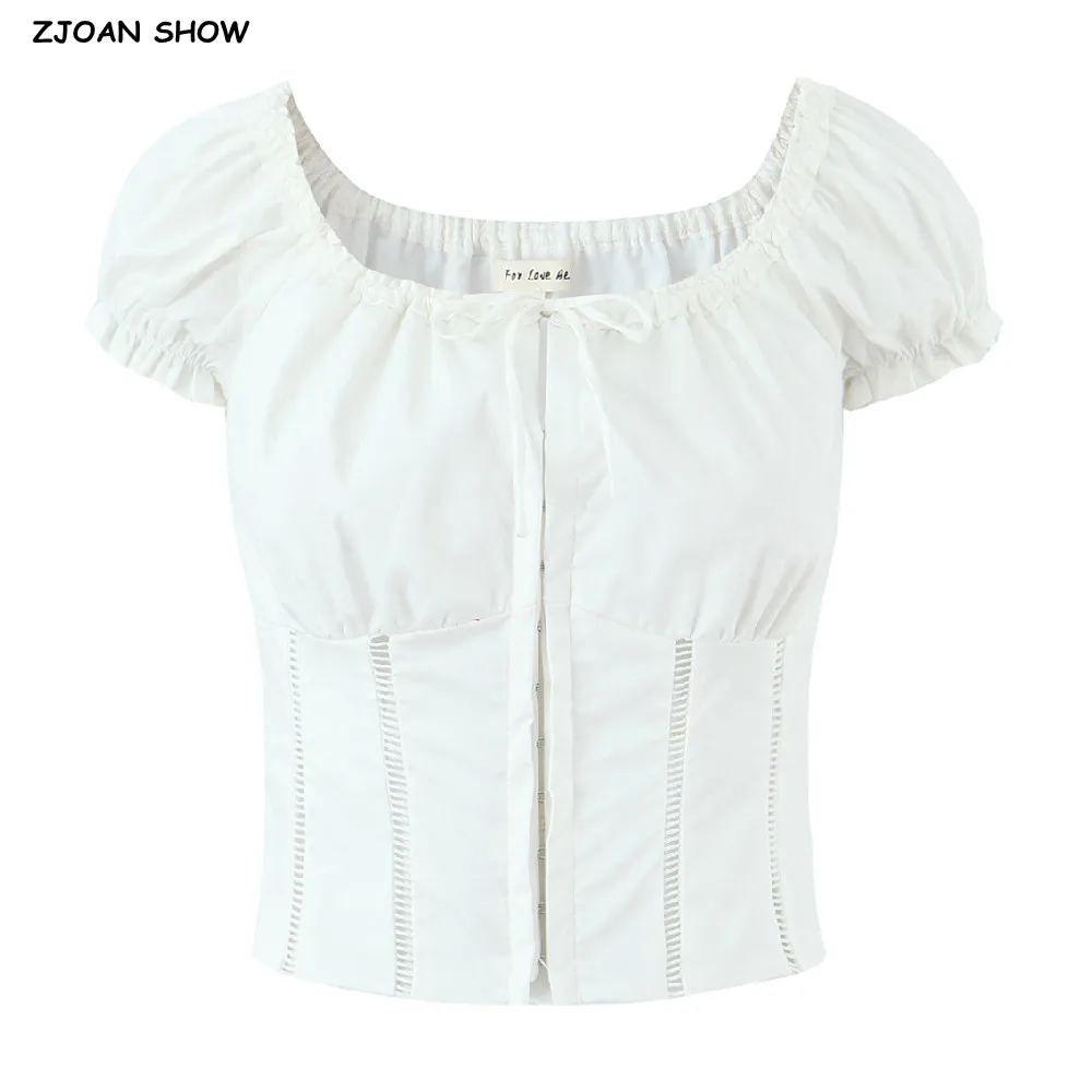 Sexy Witte Houten oren Boog O hals Korte Bladerdeeg Mouw Vrouwen Gesplitst Holle Gat Slanke Taille Crop Tops