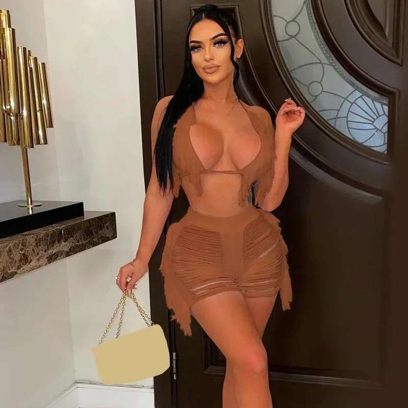 GUWU Knit Ribbed Tassel Ripped Hole Shorts Set for Women Sexy Halter Bra Top Matching Two Piece Set Outfit Beach Swimsuit