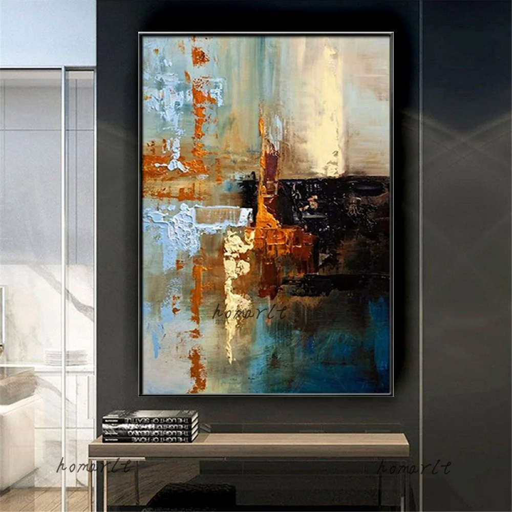 Hand-Painted Blue Gold Abstract Oil Paintings On Canvas Seacoast Poster Home Decor Wall Pictures Artwork Large Best Art Panel