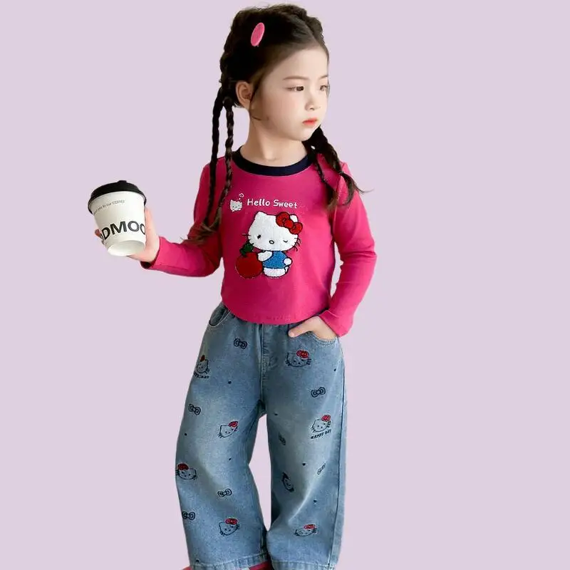 

New Children's Anime Cartoon Fashion Long Sleeve T-Shirt Sweet Comfort Set Kawaii Girls Hello Kitty Spring Autumn Jeans