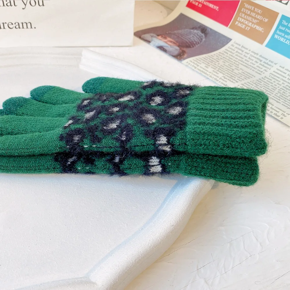Breathable Winter Simple Outdoor Leopard Windproof Thick Mittens Touch Screen Gloves Velvet Female Gloves