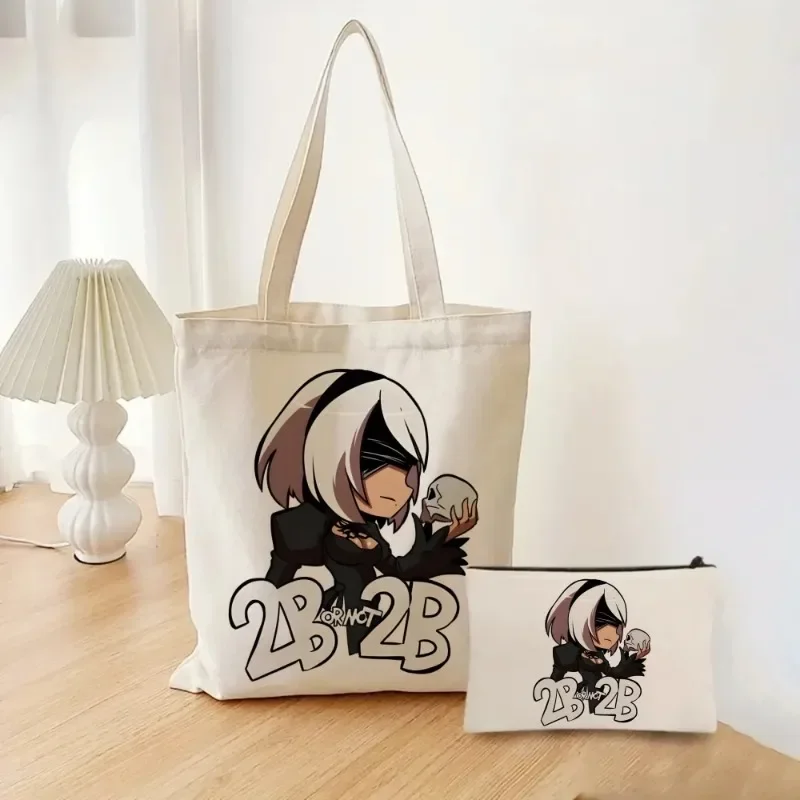 2 Pcs NieR Automata Anime Ladies Handbag Cosmetic Organizer Fashion Shoulder Bag Eco-friendly Large Capacity Travel Shopping Bag