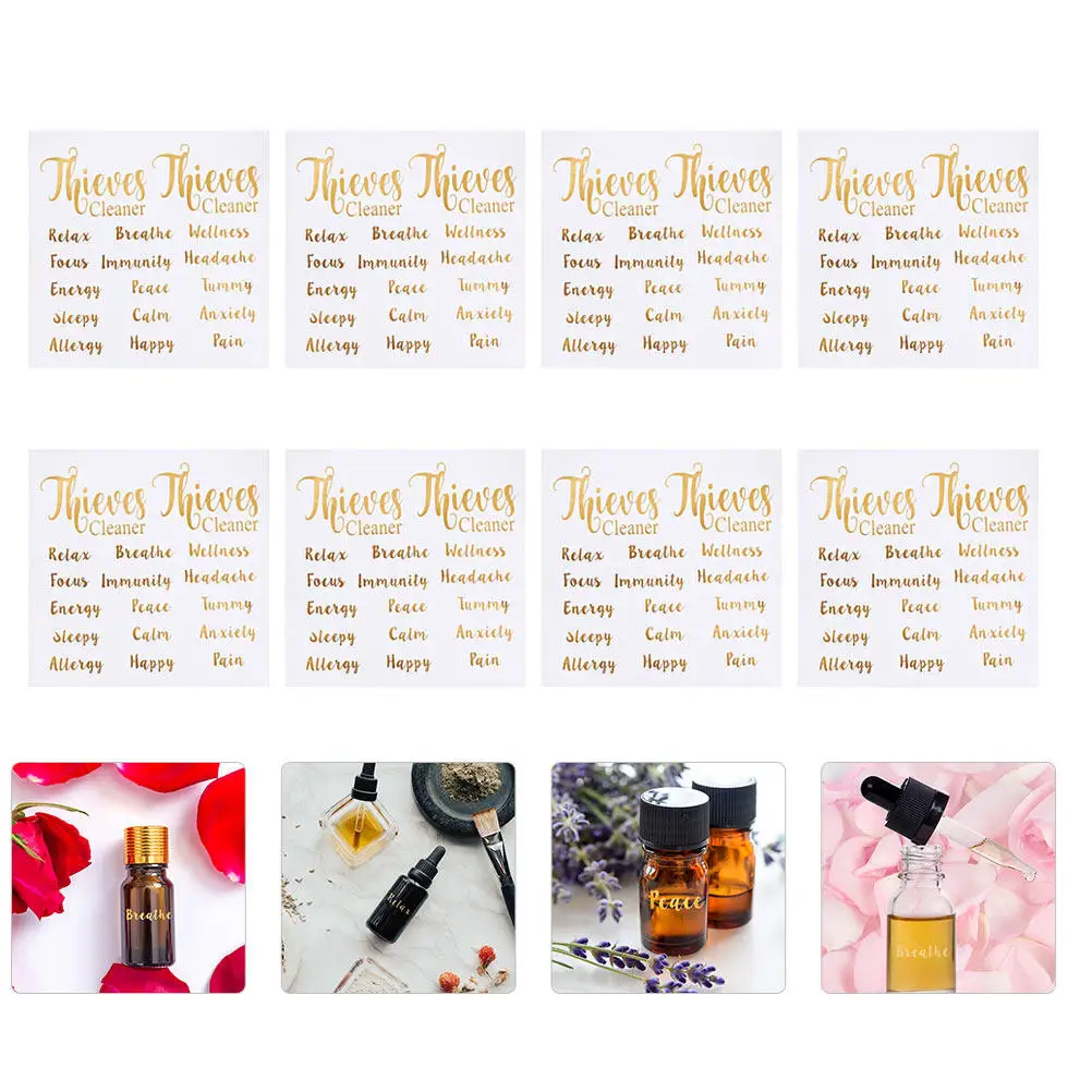

8 Sheets Essential Oil Bottle Labels Gold Letter Design Water Proof Oil Resistant Self Adhesive Stickers for Roller Bottles