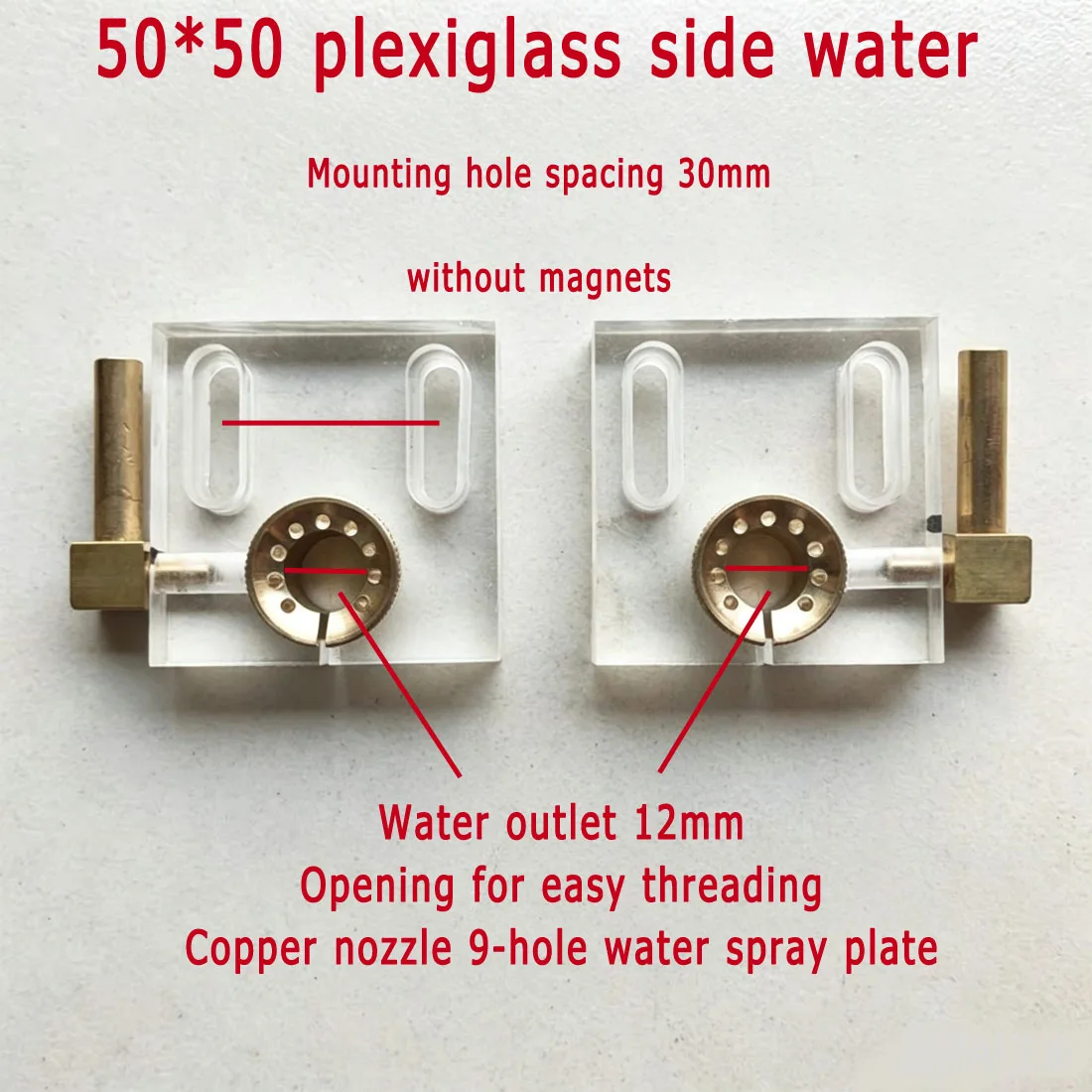 A pair Wire-cut plexiglass water spray plate 50*50 side water inlet without magnet 9-hole copper nozzle water outlet plate