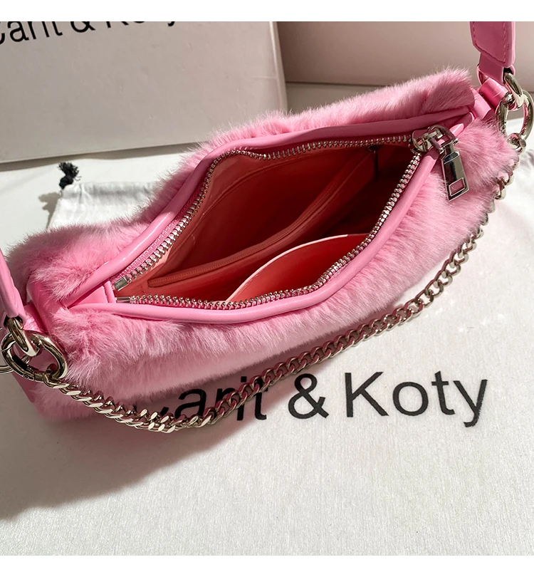 Autumn Winter Soft Faux Fur Pink Square Bag Fashion Women\'s Handbag Shoulder Underarm Bag Wedding Party Clutch Purse Armpit