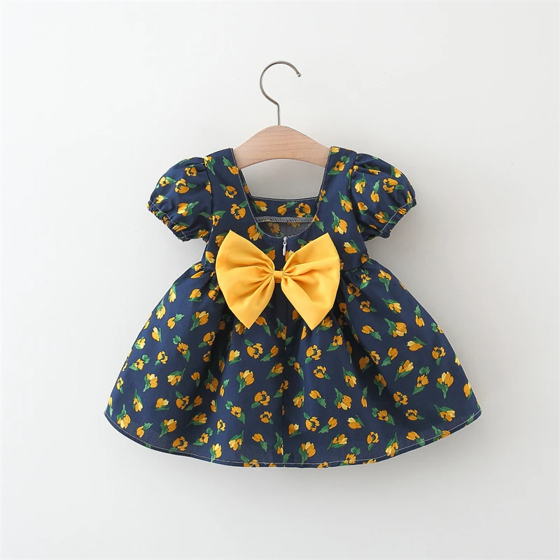 (0-3 Years Old) Baby Girl Cotton Flower Printed Short Sleeved Dress Cute Girl Bow Princess Dress