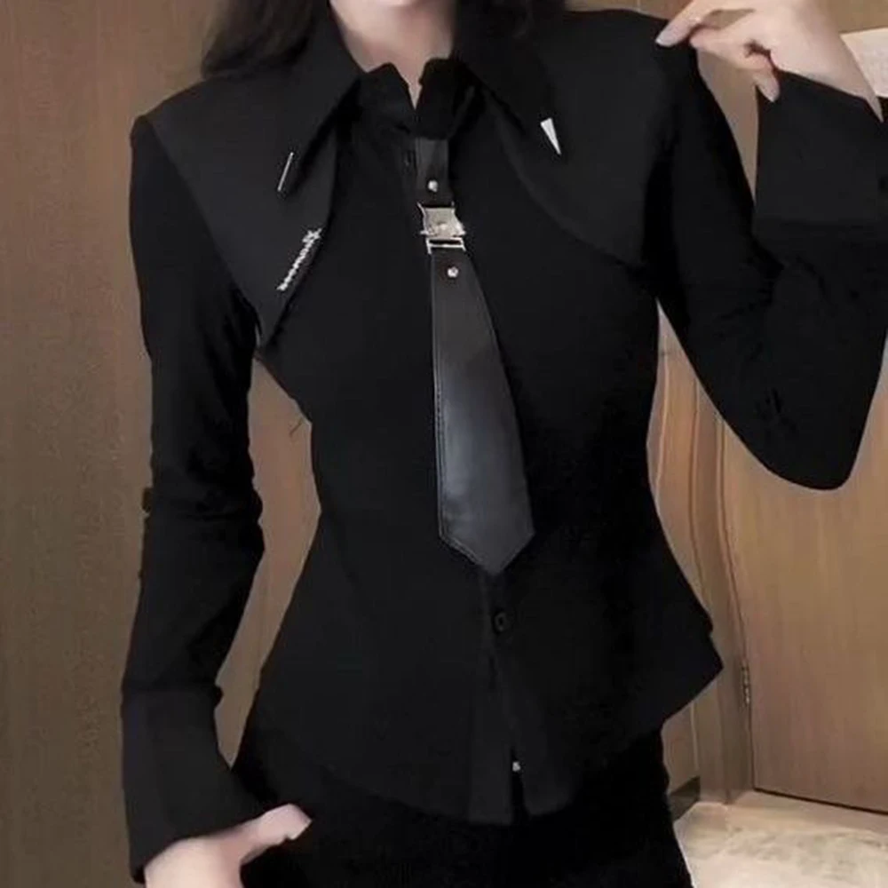 2026 Spring and Autumn New Korean Edition Fashion Skinny Versatile  Lapel Long Sleeve Tie Shirt Solid Color Simple Top