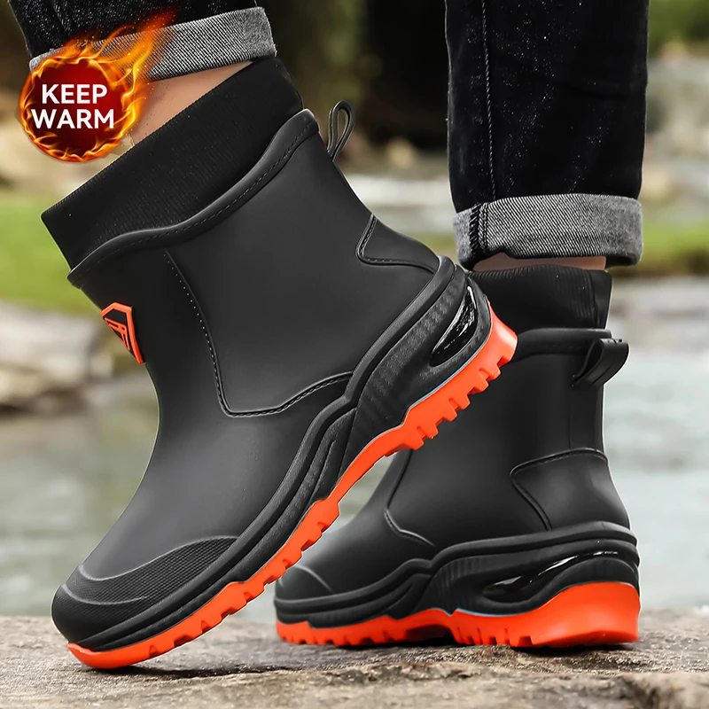 New Waterproof Men's Rain Shoes Winter Warm Plush Men's Rain Boots Outdoor Non-slip Men Boots Fashion Men Work Boots Size 39-48