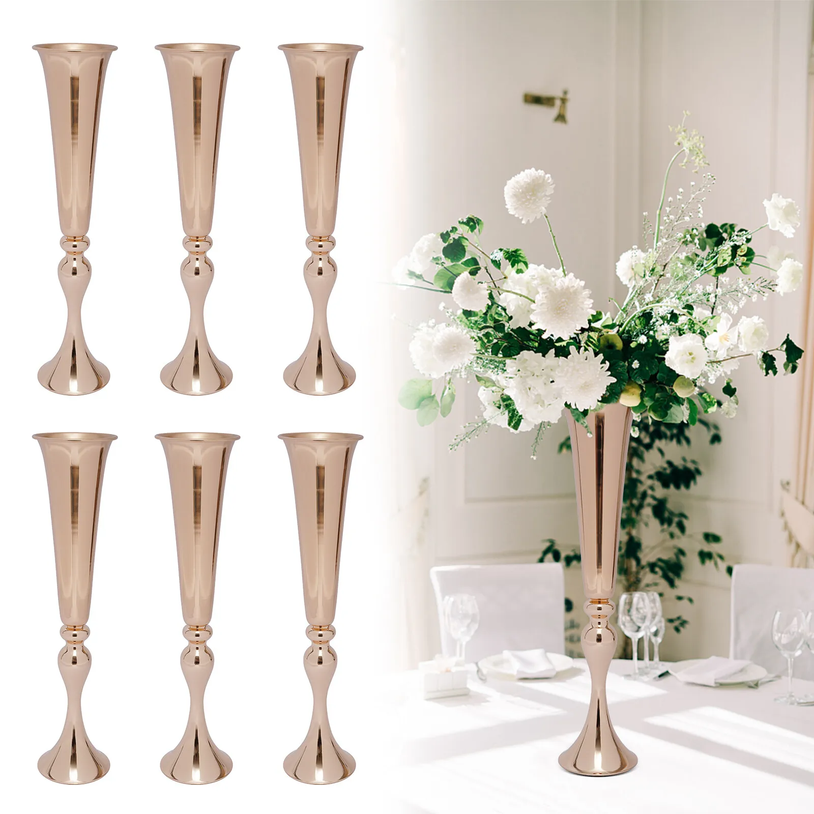 Elegant Gold Flared Trumpet Vases - Set of 6 for Stunning Decor