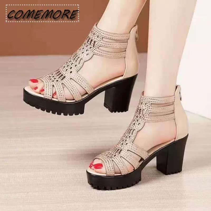 Sandals Women's Thick Heeled 2024 New Anti Slip Fish Mouth Platform Middle High Heel Roman Soft Sole Open Toe Gladiator Sandals