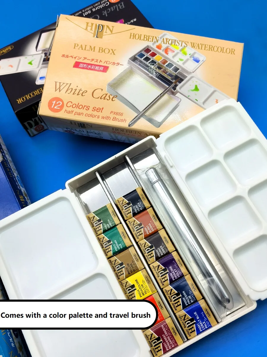 Holbein Artist Solid Watercolor Set 12/18/24 Color Half Pan Color Palm Box  plus with Brush Professional Beginner Art Supplies