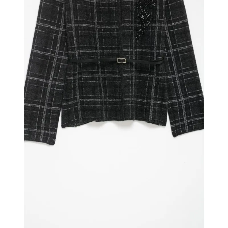 เสื้อคาร์ดิแกนไหมพรมลายตารางสำหรับผู้หญิง แขนยาว คอวี พร้อมเข็มขัด สไตล์วินเทจ ยืดหยุ่น ทันสมัย