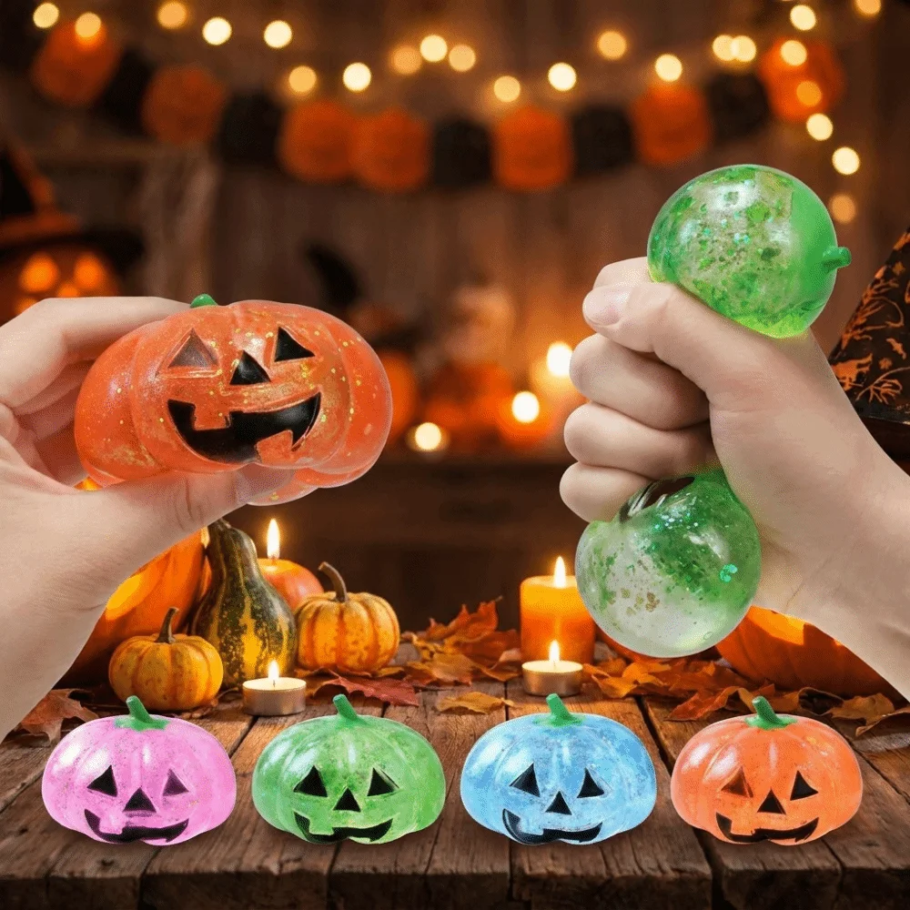 Portable Soft Texture Halloween Pumpkin Squeeze Glittering Stretch Pinching Squishy Fidget TPR Elastic Fidget Sensory Party