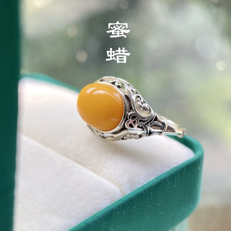 Natural Scroll , S925 Sterling Silver With Grass Pattern Inlay And Amber Cabochon Ring