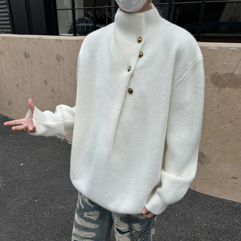 

High Collar Oversize Knitwear Men's Korean Sle Casual Faion Button Design Warm Polyester Fiber Long Sve Winter Top