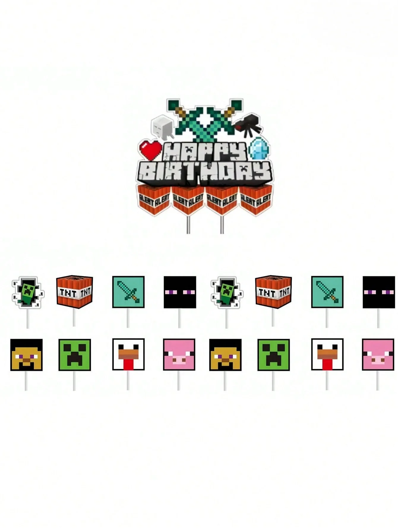 My World 1/17/24Pcs Pixel World War Party Birthday Decoration Supplies Include Cards, Festive Ornaments, Christmas and Halloween Scene Decoration Set Suitable for Gifts and Small Presents for Friends