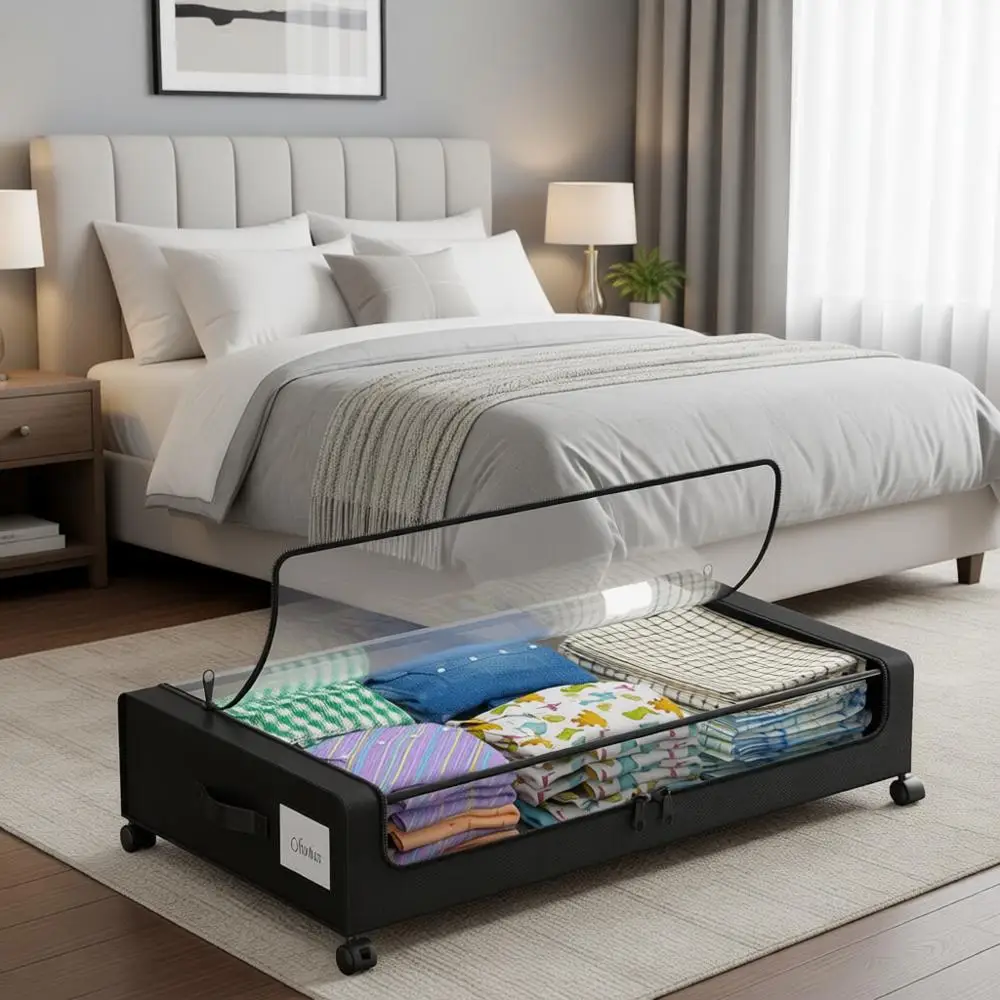 

Набор из 2-х коробок для хранения под кроватью XXL 60 л с прозрачной крышкой и колесами для одежды, обуви и игрушек - черный