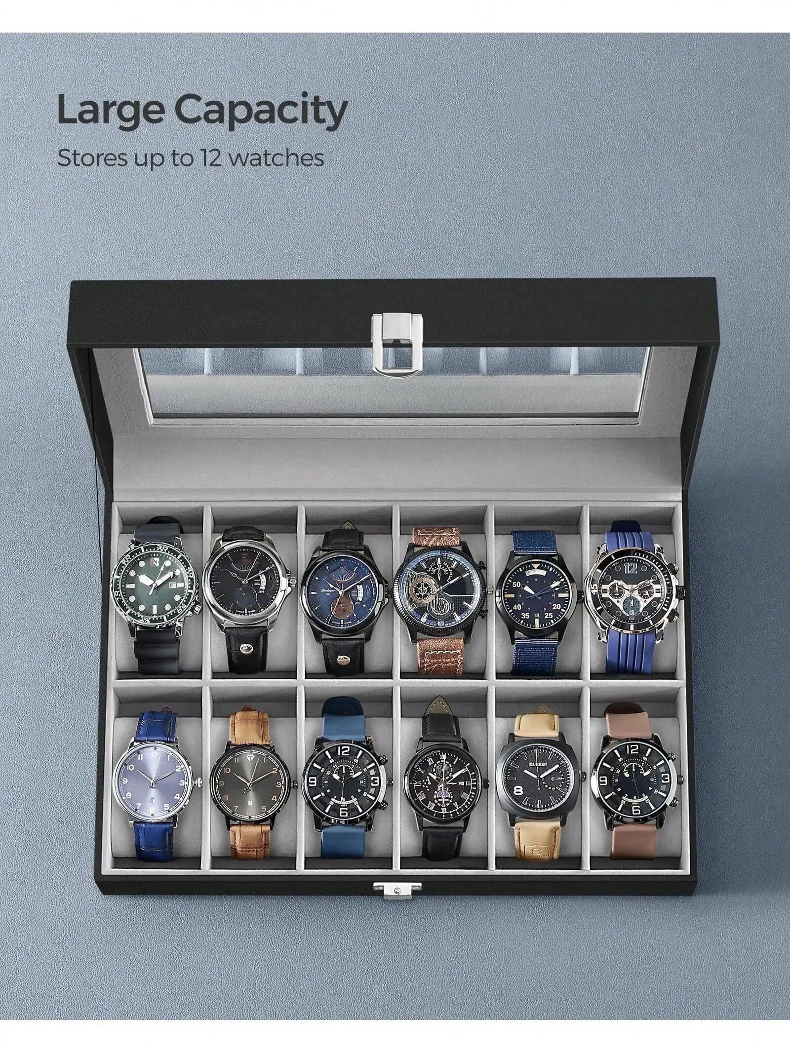 12-Slot Lockable Watch Box with Glass Lid & Drawer, 2-Layer Leather Watch Display Case Organizer for Rings Bracelets, Black/Brown/Gray view 6