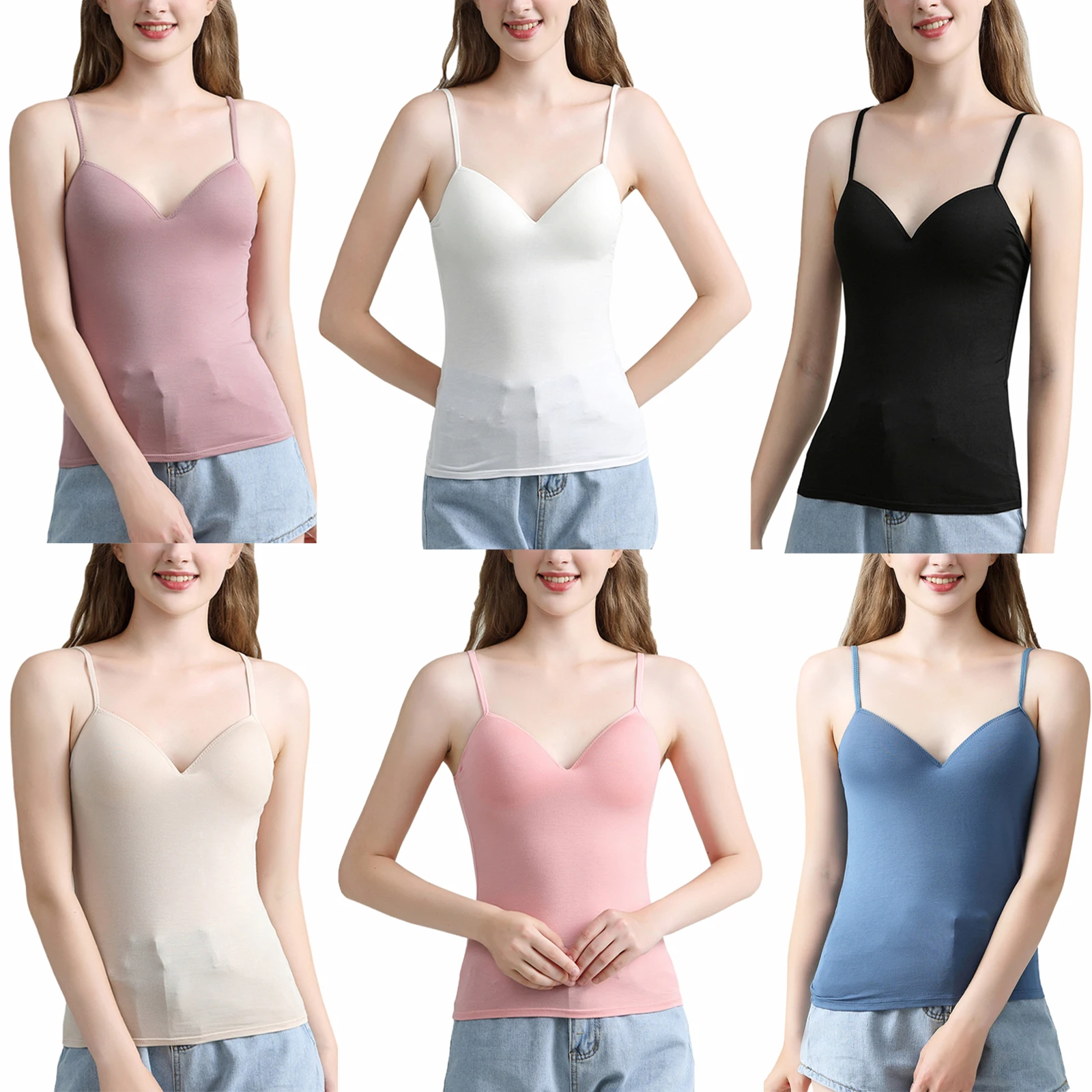 Women Solid Padded Bra Spaghetti Camisole Top Vest Female Camisole With Built In Bra 6 Colors