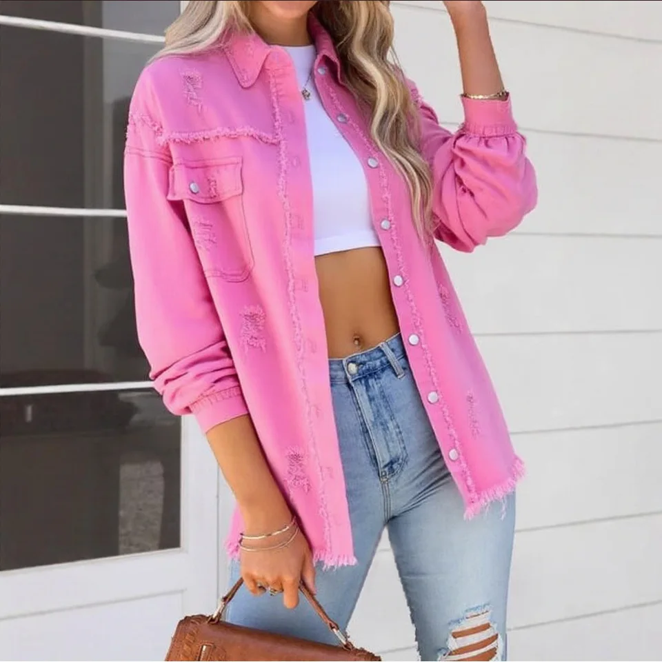 Women Ripped Loose‑Fit Denim Outerwear For Spring Summer Street Daily Commuter Casual Wear Women's Jacket