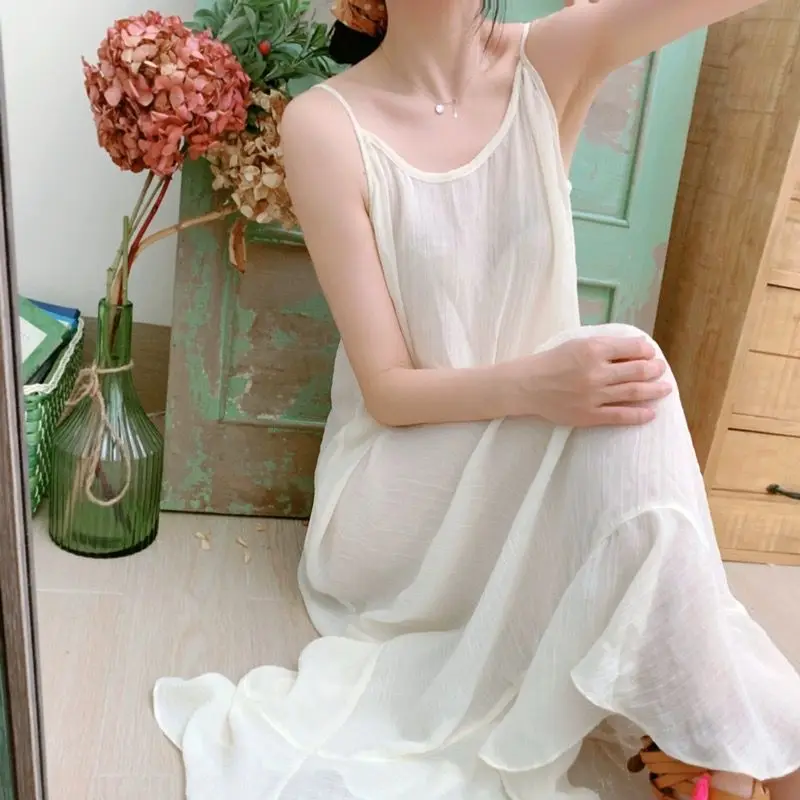 Summer 100% Cotton White Camisole Long Dress Women Oversize Casual Loose Basic Bottom Dress Female Comfortable Clothing X1284