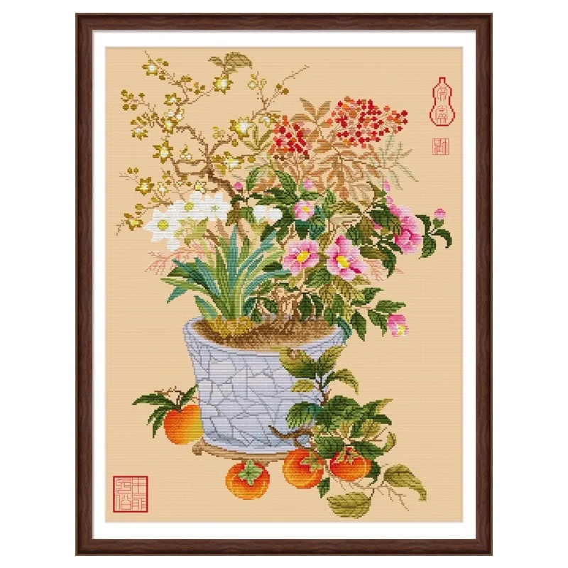 

Flowers Printed Kits Cross Stitch 11CT Embroidery DIY Cotton Needlework Sets Crafts With Needles 63 Colors