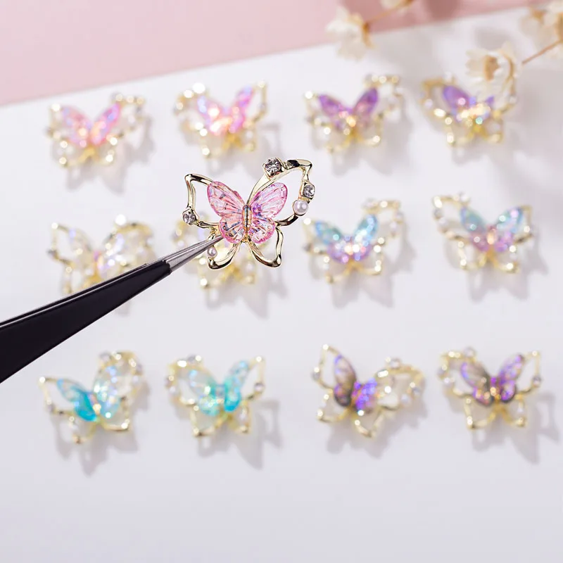 10 pçs borboleta encantos do prego ouro prata acessórios do prego material de liga resina peças do prego para manicure imprensa em unhas com gel