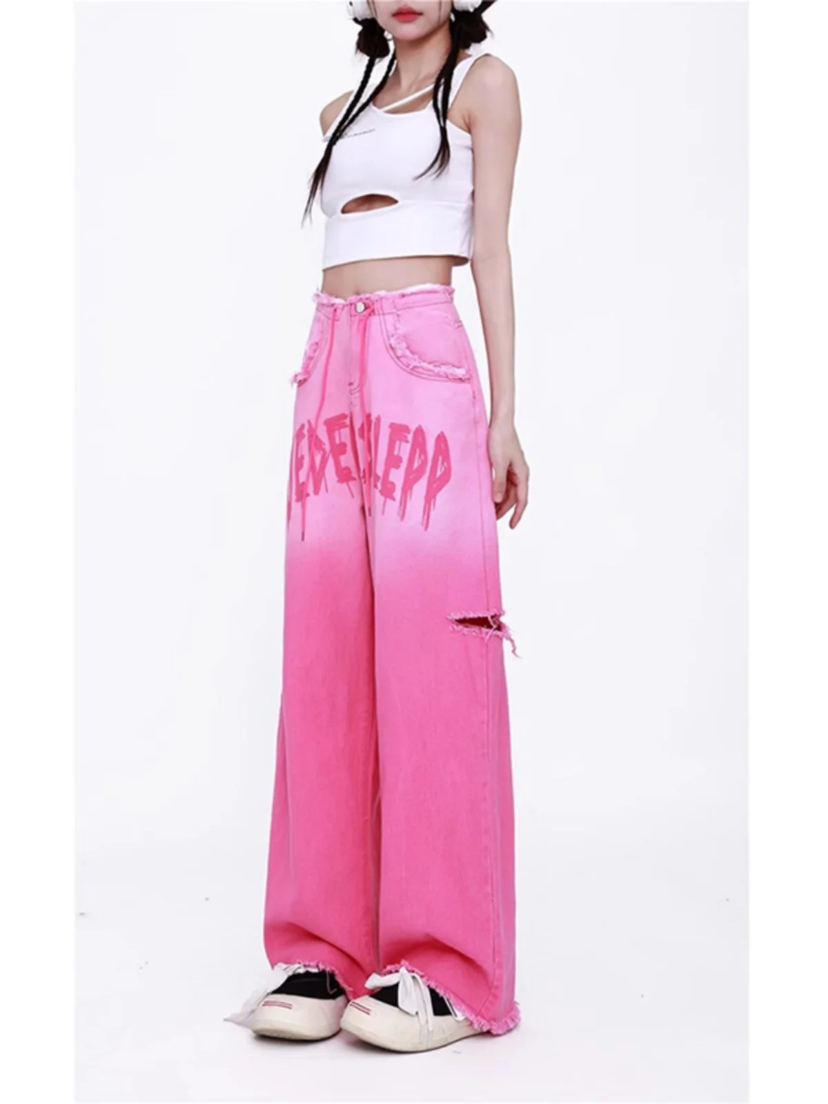 

Retro Sweet And Spicy Girl Pink Letter Print Hole Denim Jeans Women's Loose Straight Leg Pants High Waist Wide Leg Trousers