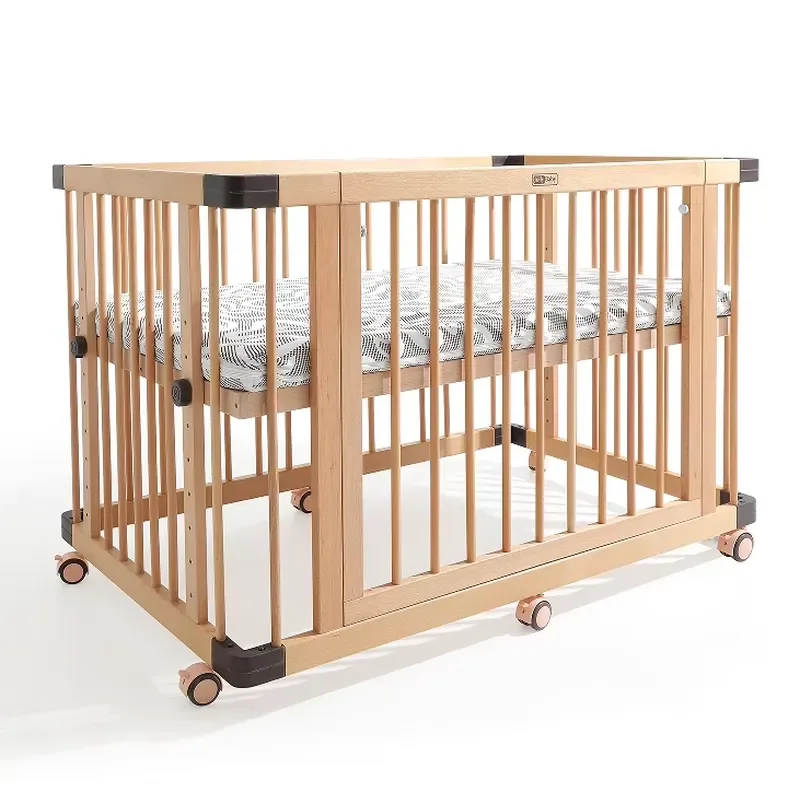 Solid Beech Wood Baby Crib Multifunctional Newborn Bed Safe Wooden Children Cot Nursery Furniture Set for Infant Sleeping