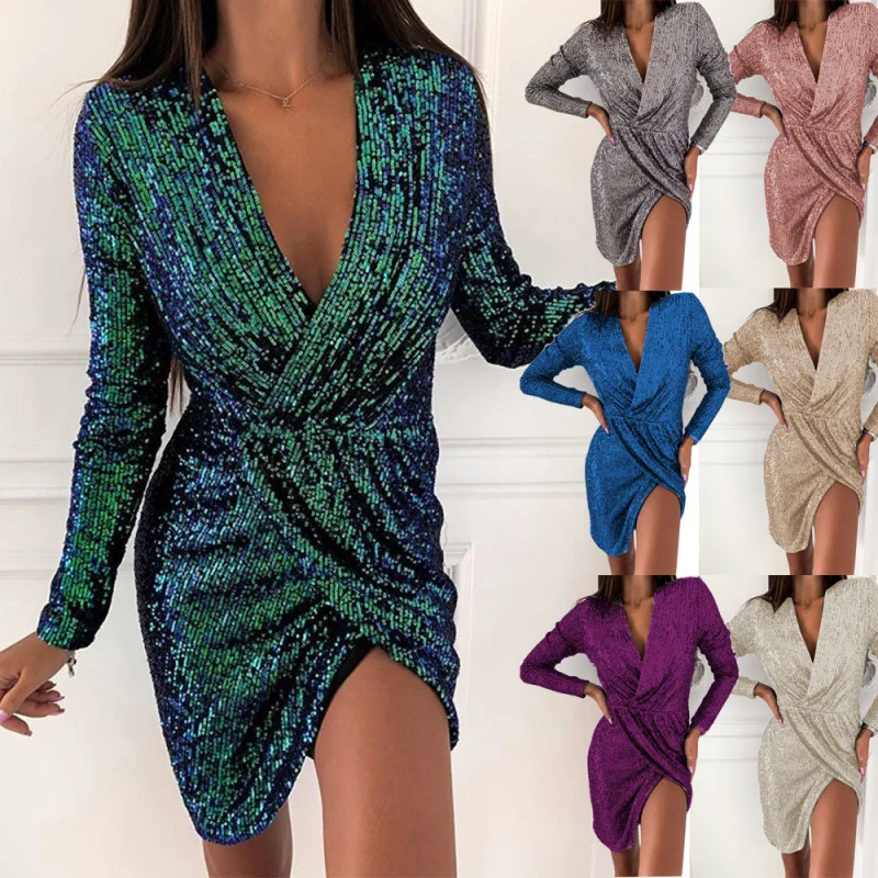 

2025 new foil print long sleeve V-neck mini dress C001