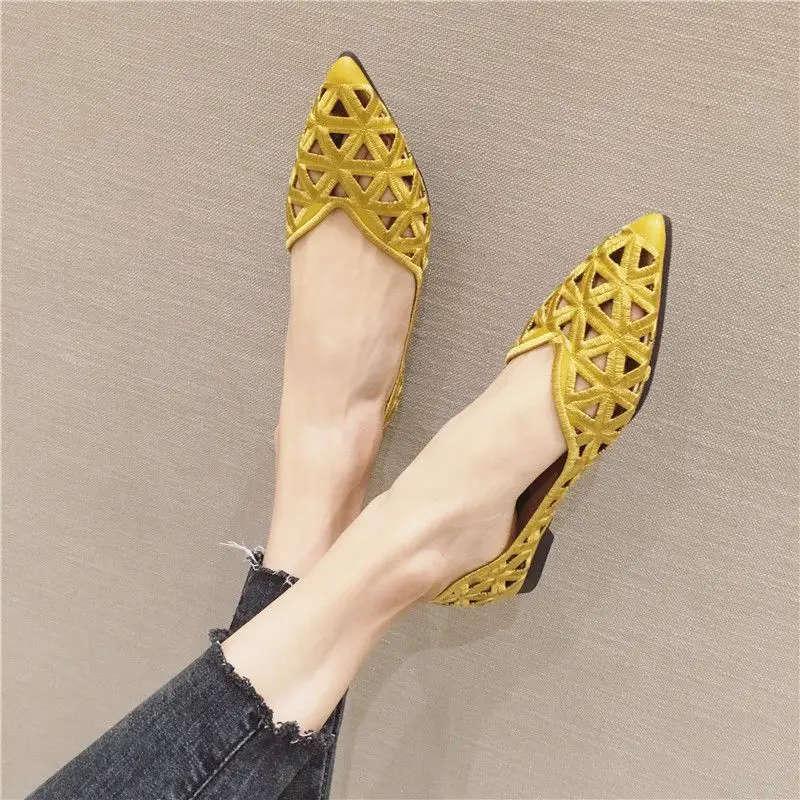 Shoes for Women 2024 Pointed Toe Ladies Summer Footwear Flat Flats Yellow Clear Transparent Elegant Dress High Quality Lastest E