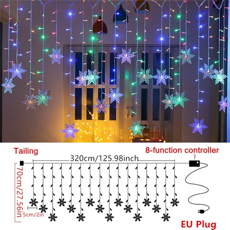 EU Plug 8 Modes Snowflake Curtain LED String Lights Indoor&Outdoor Decor Christmas Holiday Party Lighting Wedding Decoration