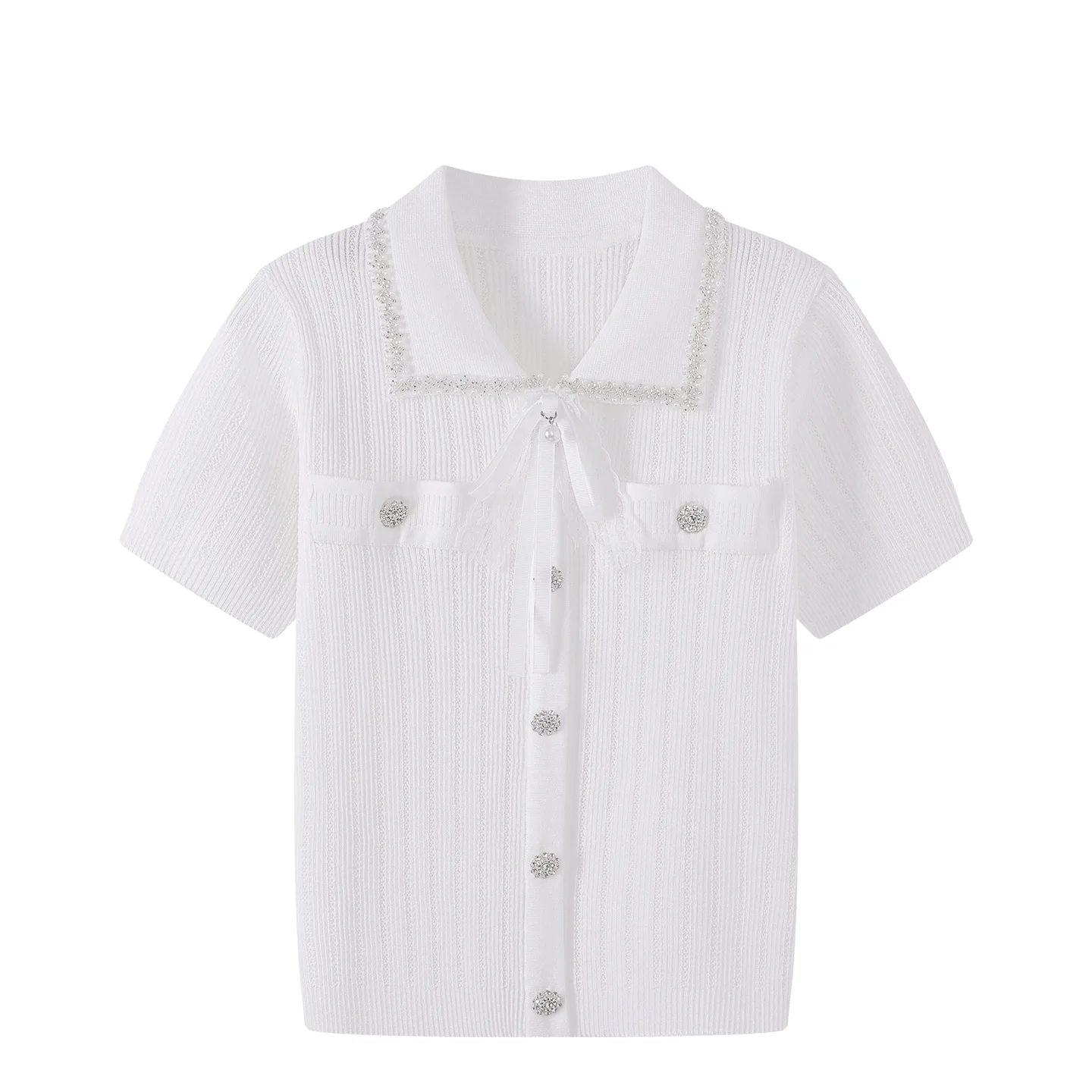 Summer New Thin Pullover Female Sweater Tshirt Simple Solid Vertical Beaded Button Lace Lapel Bowknot Knitwear Tops