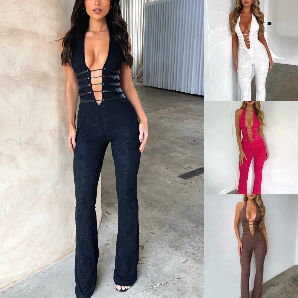 Women Jumpsuits Sleeveless Pullover Sexy Lace Rompers One Piece Ankle Length Straight Pants High Street Solid Spliced Slim