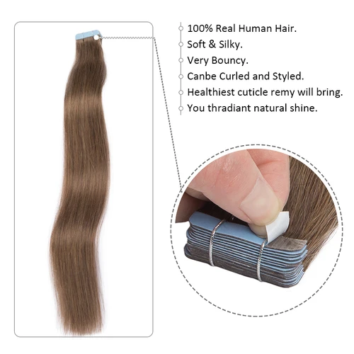 Imagen 2 del producto Cinta en extensión de cabello humano, extensiones de cabello humano brasileño liso, 2,5 g/unidad, 20 piezas, cinta Invisible de cabello de fusión humana en cabello