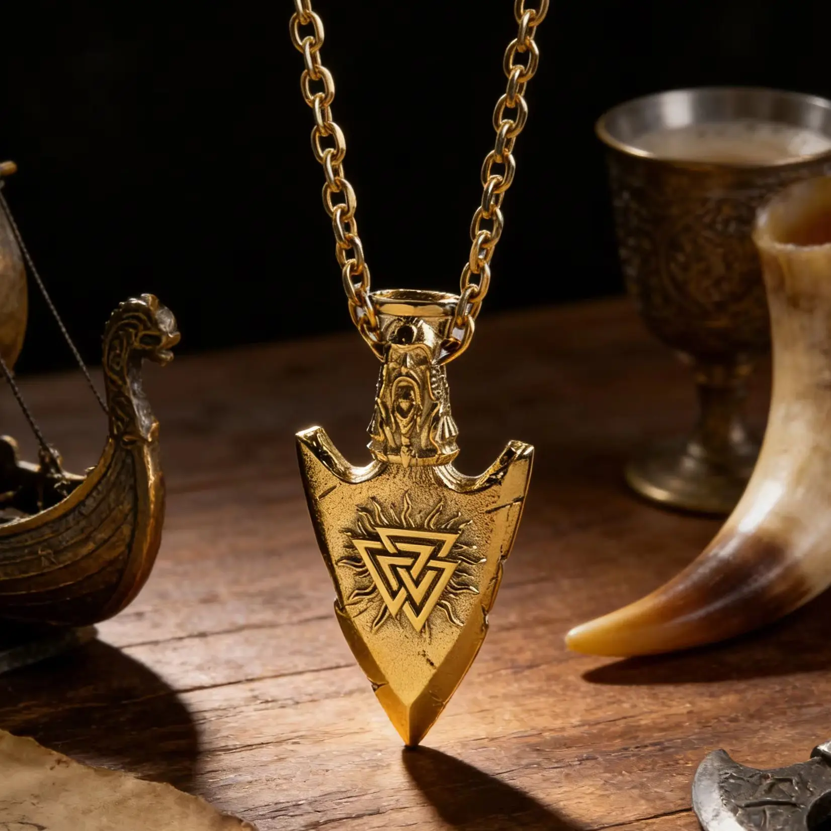 Viking Valknut Arrow Pendant Necklace Gold Titanium Steel Viking Compass Jewelry for Men & Women Couple Matching Norse Warrior