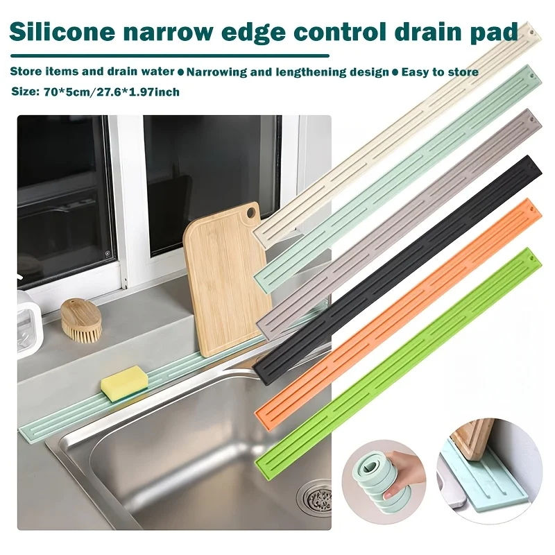 Silicone Dish Drying Mat 27.56*1.97inch, Countertop Drainage Mat, Sink Narrow-Edge Extended Drainage Mat, Bar Counter Mat