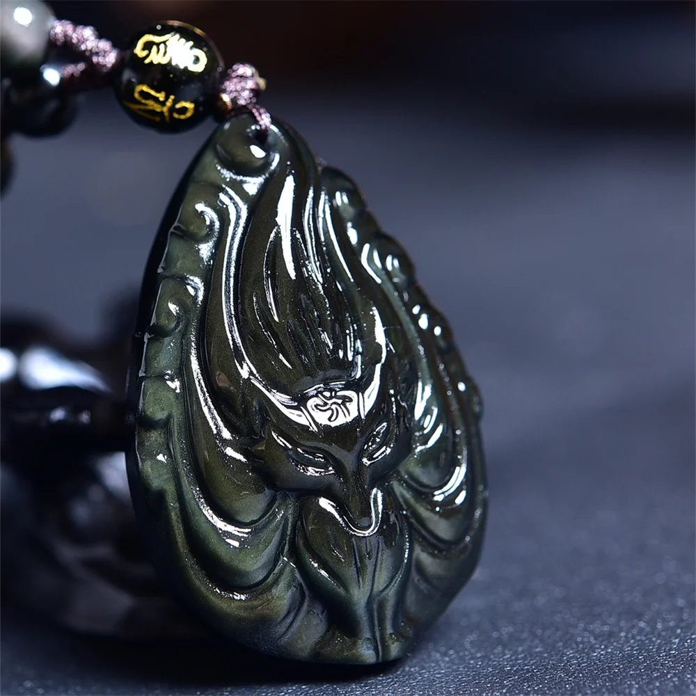 Natural Colored Obsidian Fairy Fox Pendant Mythical Crystal Carved Healing Gemstone Fengshui Figurine Gift 40x27x12mm