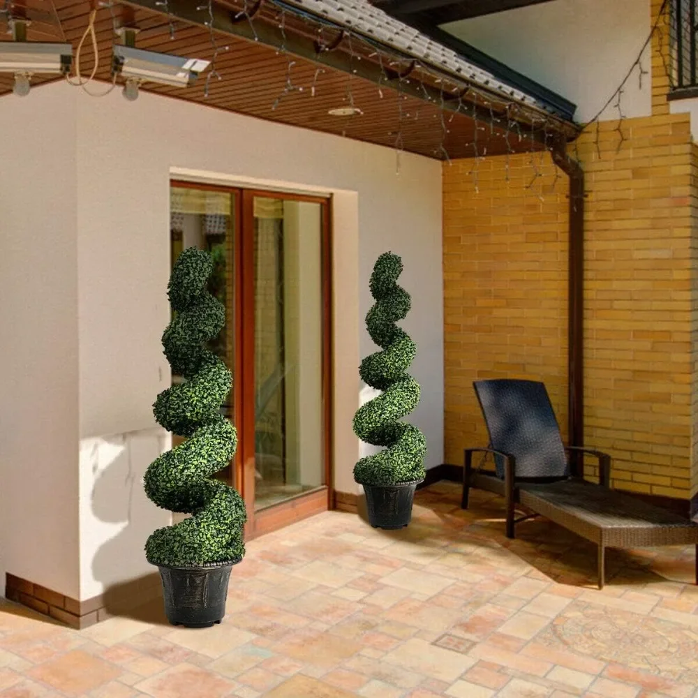 

Artificial Boxwood Spiral Topiary Tree, Fake Greenery Plants,Leaves & Cement-Filled Plastic Flower Pot Decorative Trees for Home