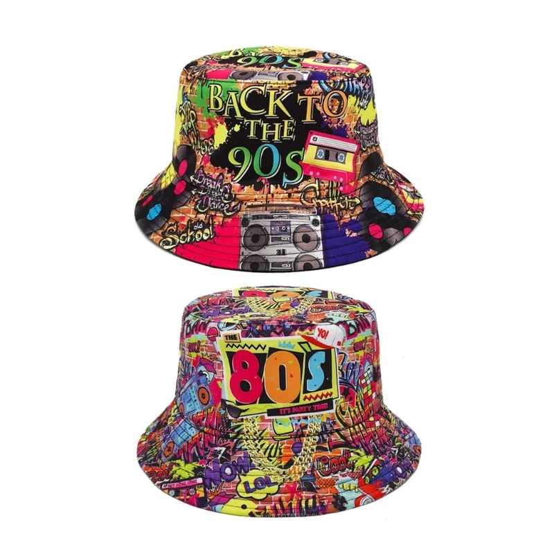 80s 90s Vintage Fishing Hat for Women Men Breathable Colorful Print Cap Sun Protective Hat Double-side Hiphop Bucket Hat