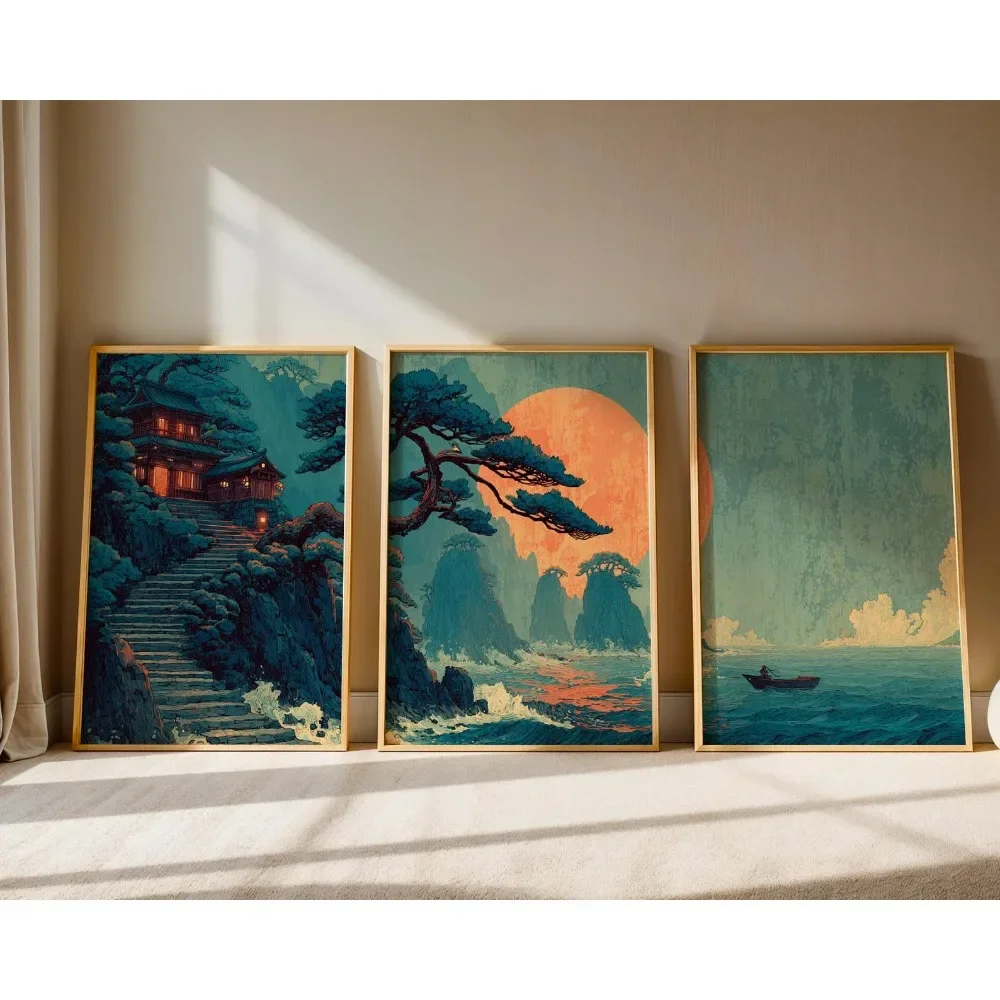 3PCS Large-sized frameless canvas paintings,3pcs Frameless Japanese Landscape Painting,Ukiyo-e Wall Art, Chashan Temple Red Sun