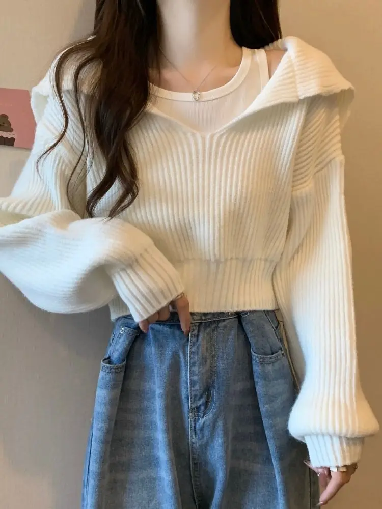 Deeptown Korean Style Autunm Winter Turn Down Collar Cropped  Sailor Collar Long Sleeves Loose Pullovers All-matched Knitwear
