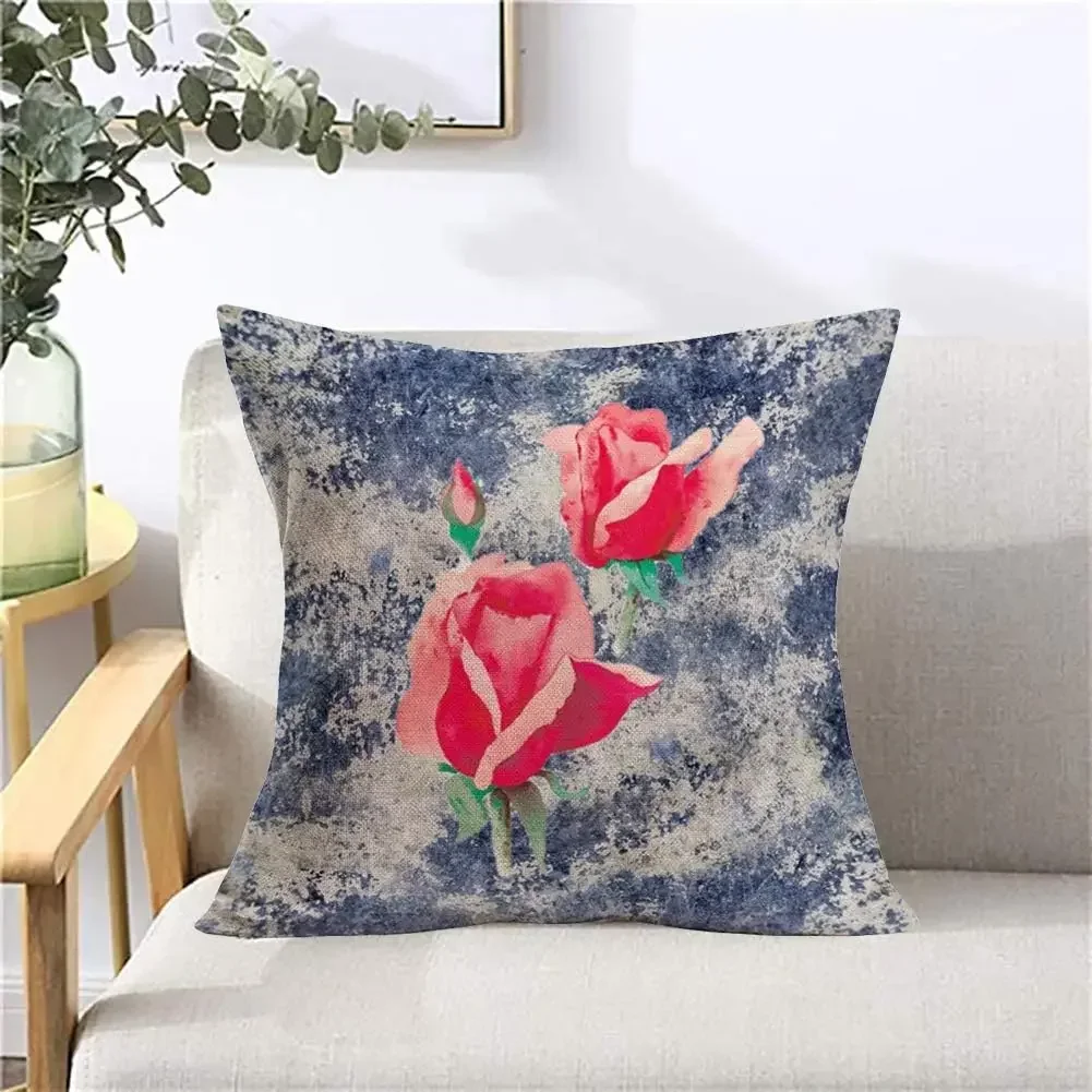 Flower Pillow Cover Blue Background Rose Flower Plant Pillowcase Linen 40x40cm Farmhouse Decoration Cushion Cover