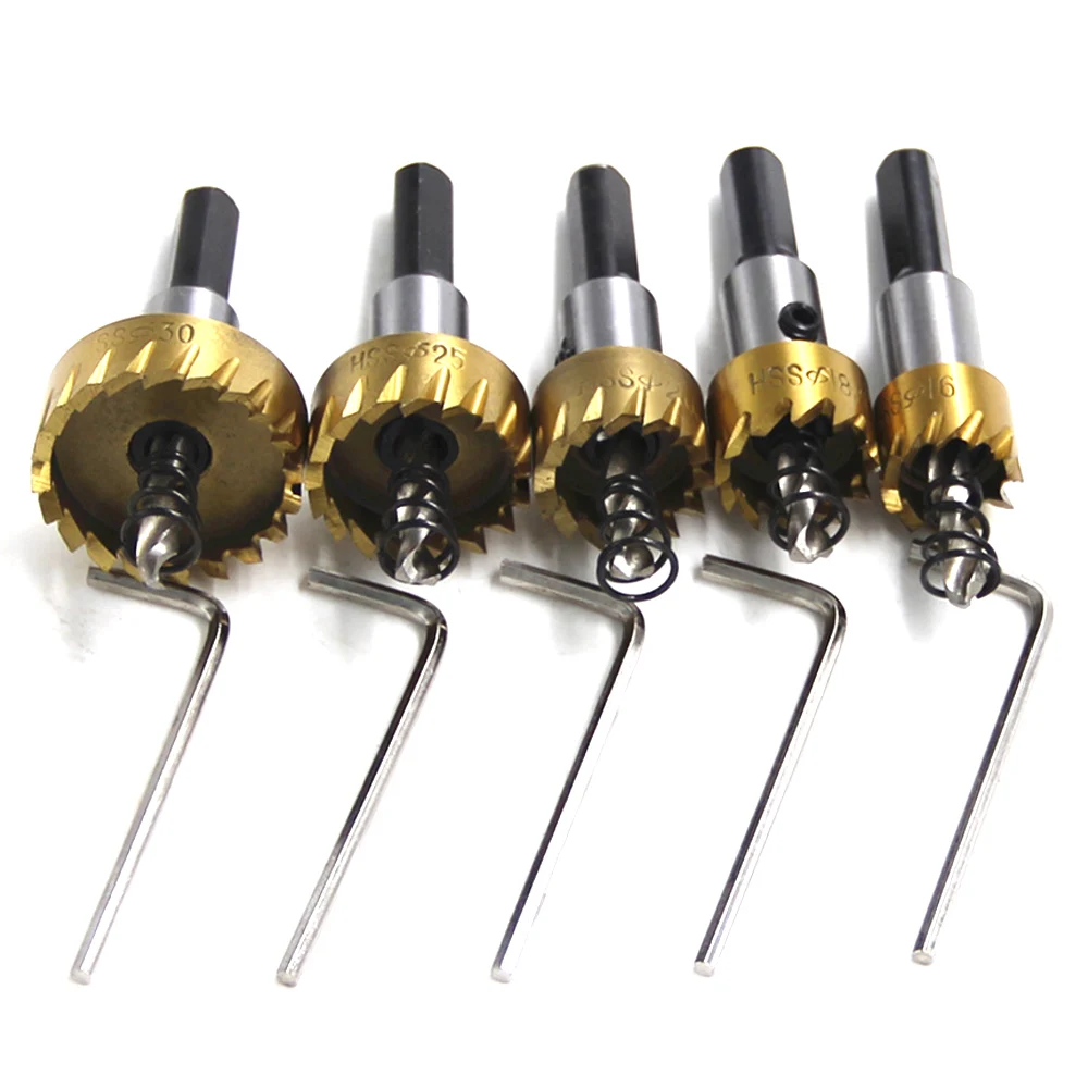 

5Pcs Titanium Plated Serrated Hole Opener Gold Aluminum Plate Iron Plate Drilling Drill Bit 16-30mm Tool Set