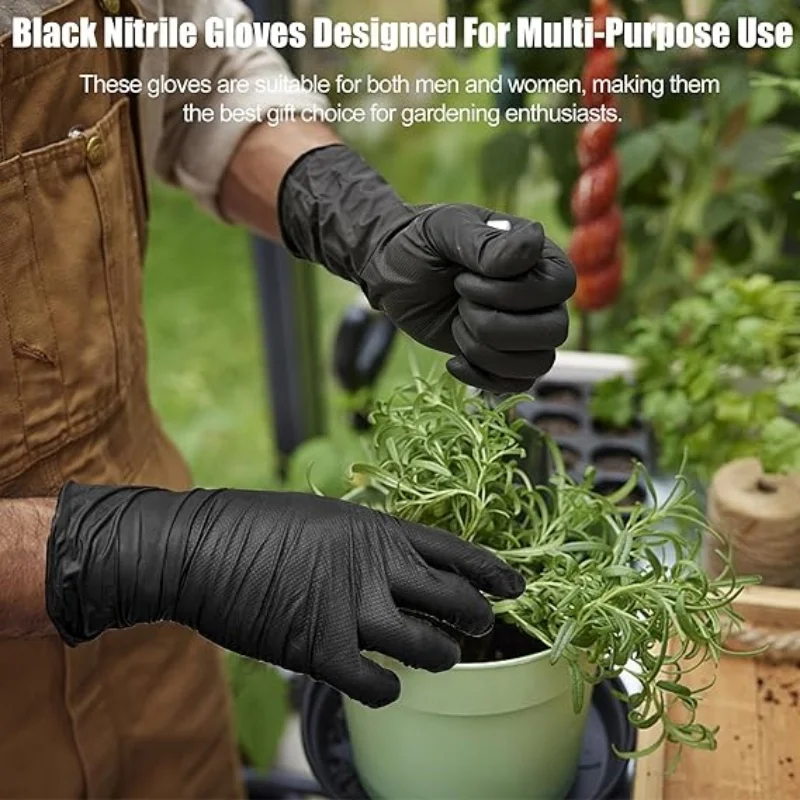 8Milヘビーデューティーブラックニトリルグローブ使い捨て滑り止めガーデニンググローブ、ダイヤモンドテクスチャグリップ付きクリーニング作業用手袋