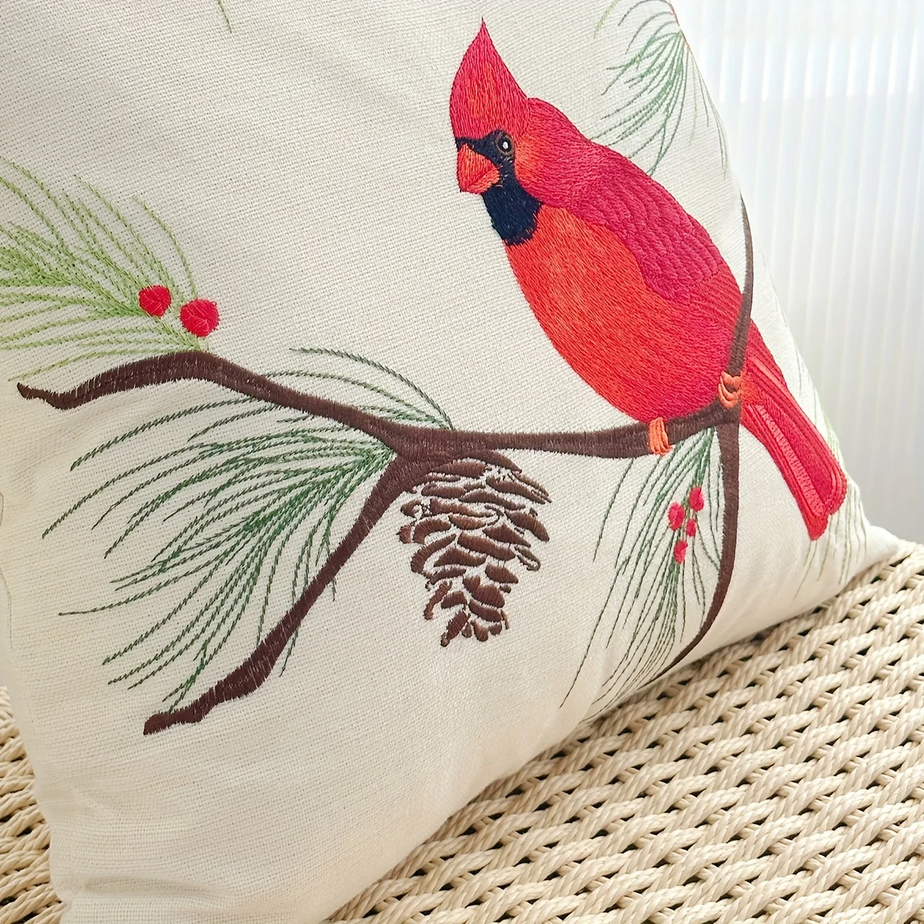 Red Cardinal Bird Pine Cone Throw Pillow Cover Winter  Floral Decorative Cushion Case for Cabin Home Decor Gift