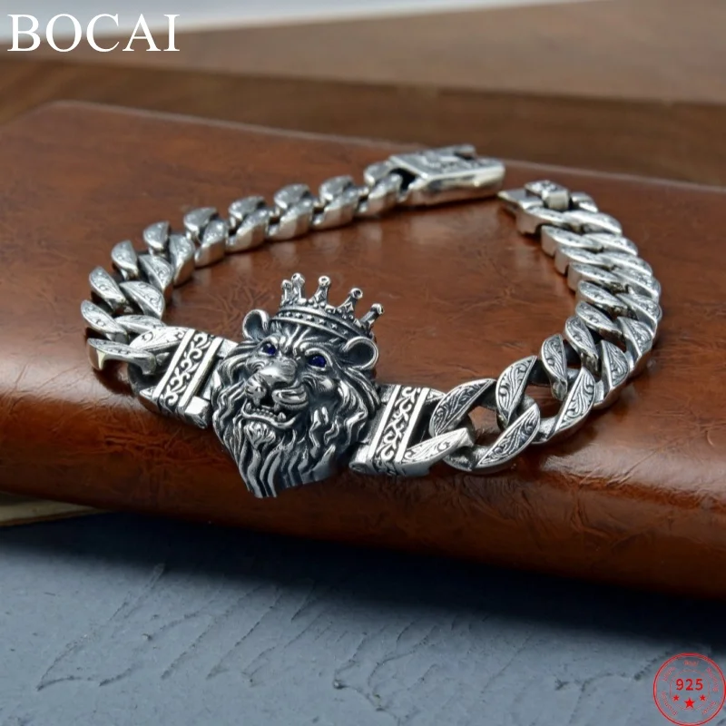 BOCAI S925 Sterling Silver Bracelets for Men Fashion Eternal Rattan Cuban Link Chain Lion Head Punk Hand Jewelry