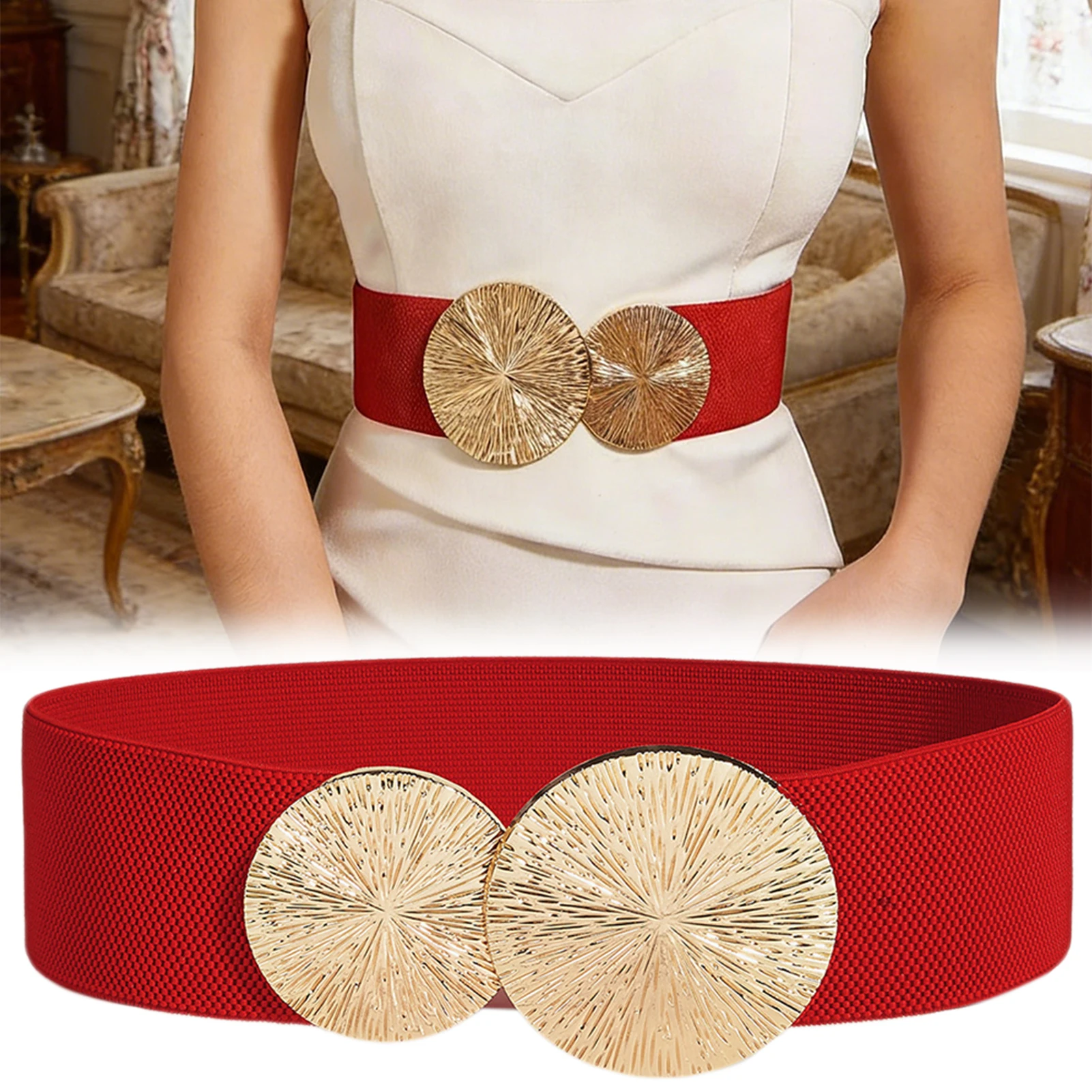Einfarbiger Damengürtel, breiter elastischer Gürtel, Taillengürtel für Mantel-/Kleideraccessoires, runde Gürtel mit klobigen goldenen Scheiben, für den täglichen Gebrauch/auf Partys