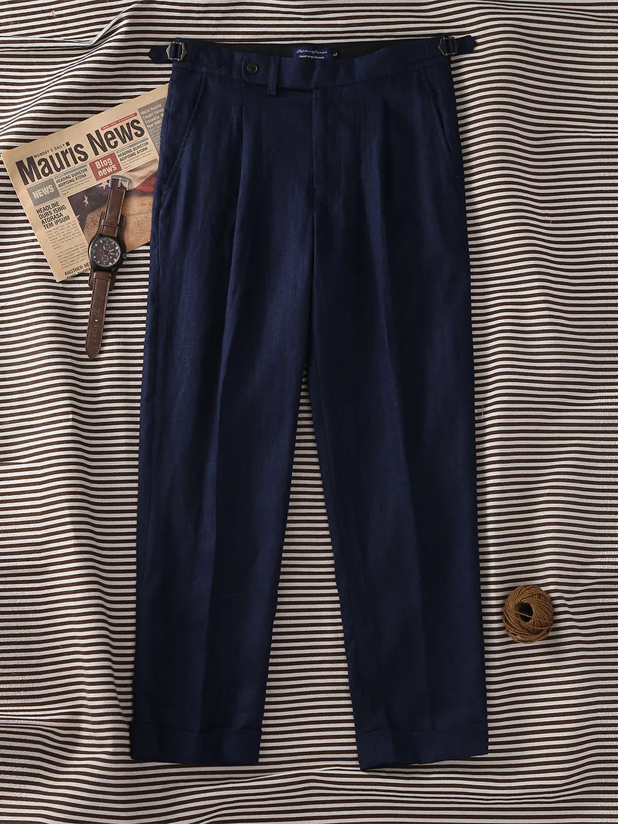 POT&CRAFTSMAN Marineblaue, reine Leinen-Paris-Hose mit Knöpfen und Mikrogeschikern. Italienische, lässige, einfaltige Anzughose für Herren, individuell gestaltet