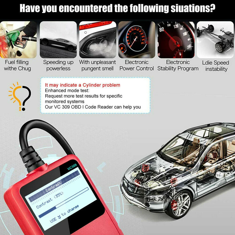 ANCEL VC309 Engine Error Diagnostic Car Fault Reader OBD2 Scanner Code Erase Reset Tool Only support Engien System Check